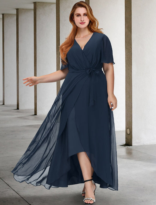 A-Line Plus Size Curve Mother of the Bride Dresses Elegant Dress Formal Asymmetrical Short Sleeve V Neck Chiffon with Bow(s) Slit