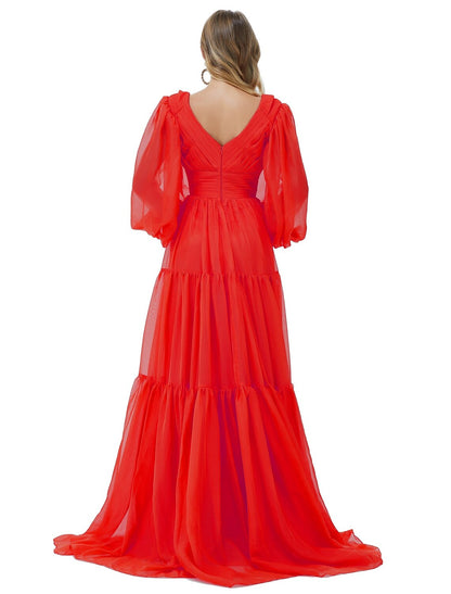 A-Line Evening Gown Sexy Dress Party Wear Sweep / Brush Train Long Sleeve V Neck Chiffon with Ruched