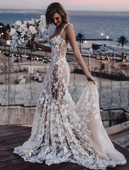 Beach Sexy Boho Wedding Dresses Mermaid / Trumpet Sweetheart Regular Straps Court Train Lace Bridal Gowns With Appliques Summer Fall Wedding Party