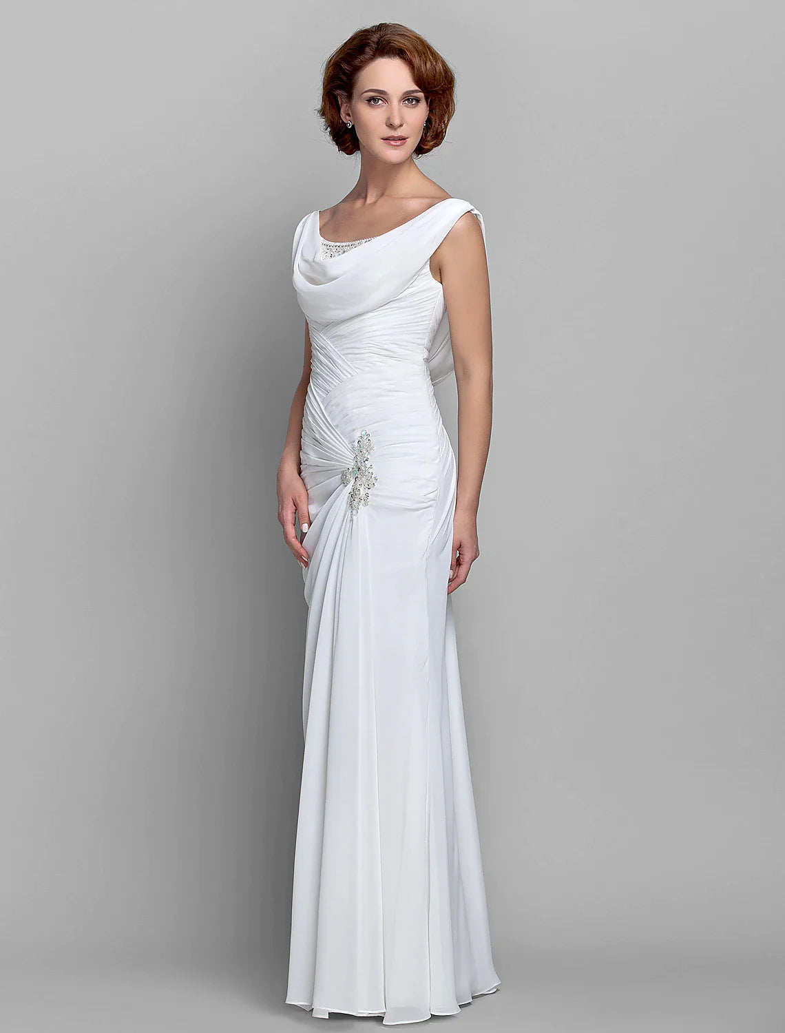 Sheath / Column Mother of the Bride Dress Vintage Inspired Cowl Neck Floor Length Chiffon Sleeveless with Buttons Criss Cross Crystals