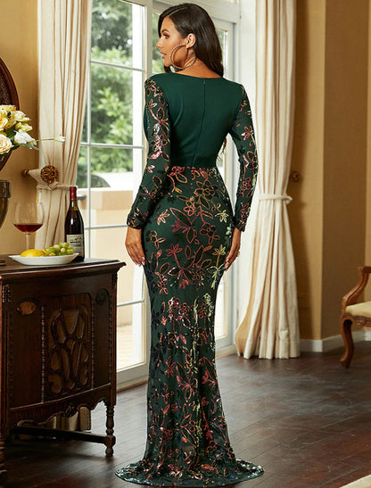 Mermaid / Trumpet Evening Gown Sexy Dress Formal Floor Length Long Sleeve V Neck Polyester with Sequin