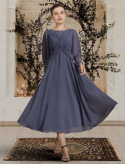 A-Line Mother of the Bride Dress Elegant Jewel Neck Tea Length Chiffon Long Sleeve with Beading