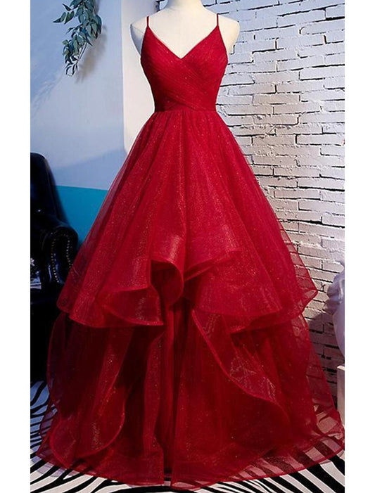 A-Line Prom Dresses Sexy Dress Party Wear Floor Length Sleeveless Spaghetti Strap Tulle with Ruffles