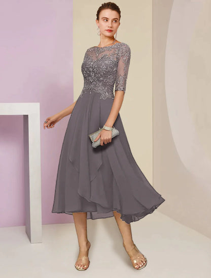 Two Piece A-Line Mother of the Bride Dress Formal Wedding Guest Elegant Scoop Neck Tea Length Chiffon Lace Half Sleeve Wrap Included with Beading Sequin Appliques