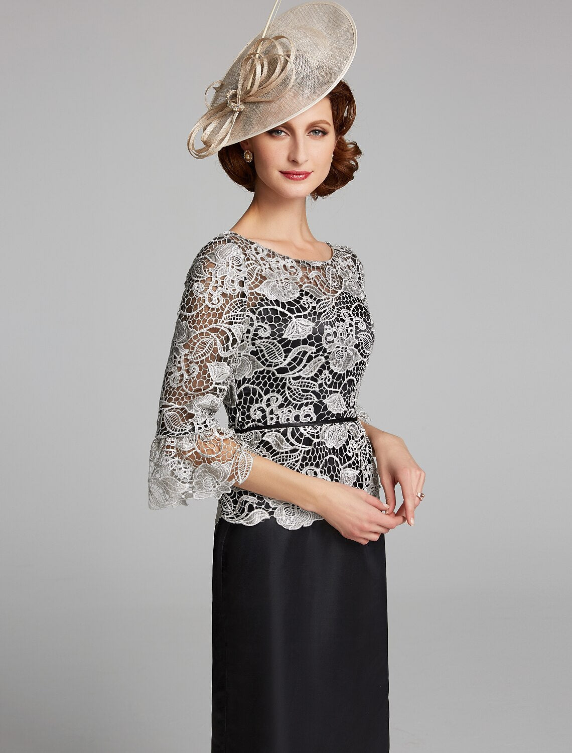 Sheath / Column Mother of the Bride Dress Jewel Neck Floor Length Satin Lace 3/4 Length Sleeve with Lace