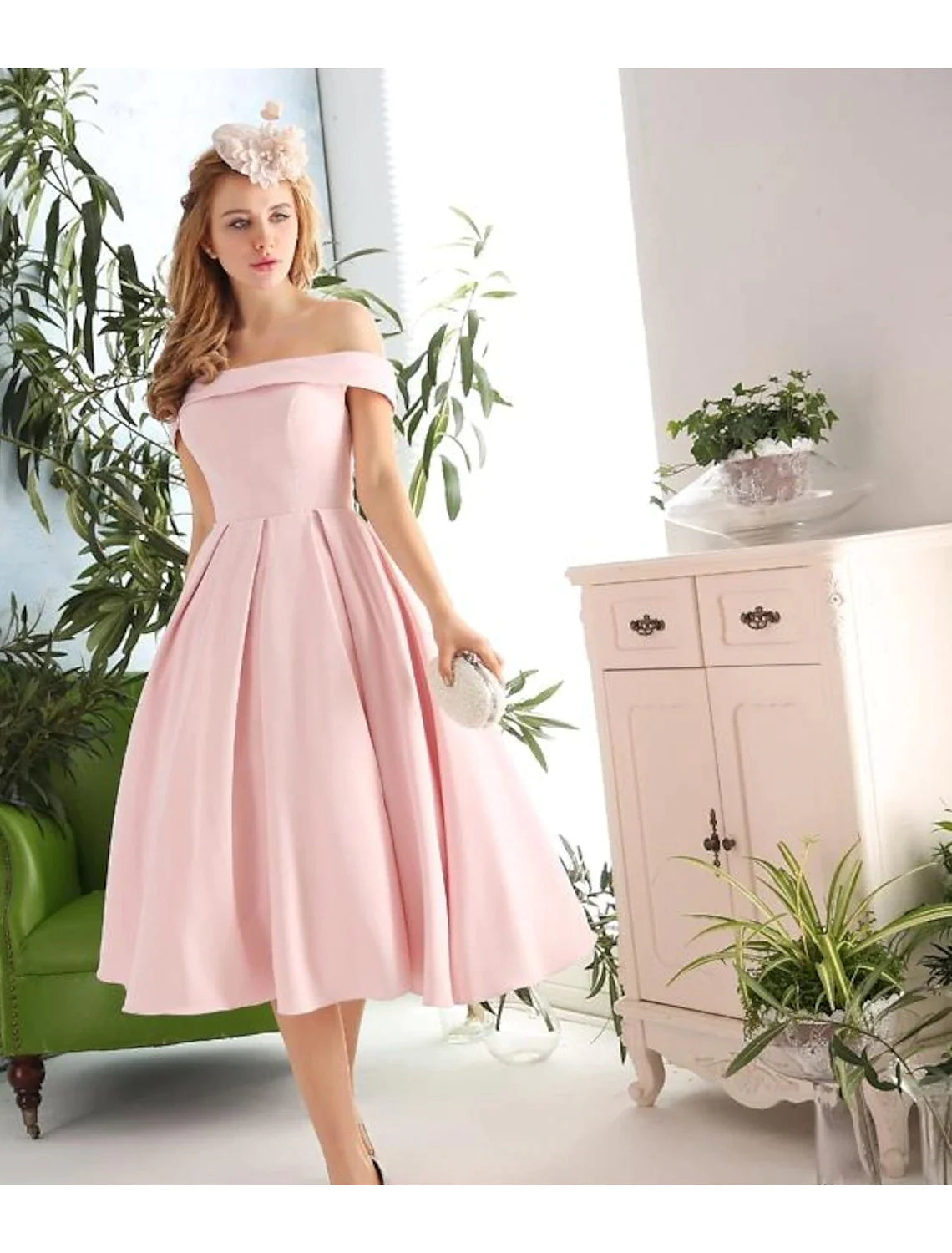 A-Line Cocktail Dresses Vintage Dress Engagement Tea Length Sleeveless Off Shoulder Stretch Fabric with Pleats