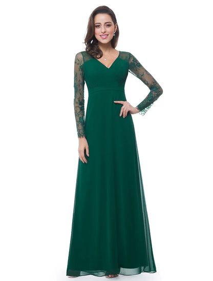 A-Line Evening Gown Elegant Dress Wedding Guest Floor Length Long Sleeve V Neck Chiffon with Sash / Ribbon Ruched Lace Insert