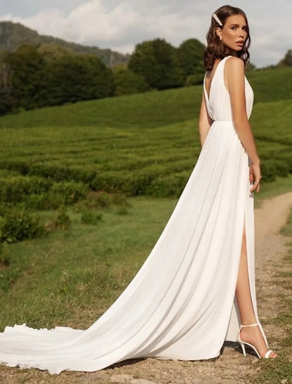Reception Sexy Casual Wedding Dresses A-Line V Neck Sleeveless Court Train Chiffon Bridal Gowns With Split Front