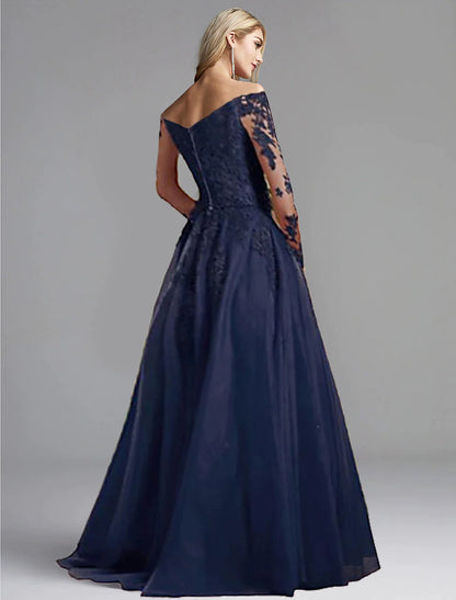 A-Line Evening Gown Open Back Dress Formal Evening Sweep / Brush Train Long Sleeve Plunging Neck Chiffon with Appliques