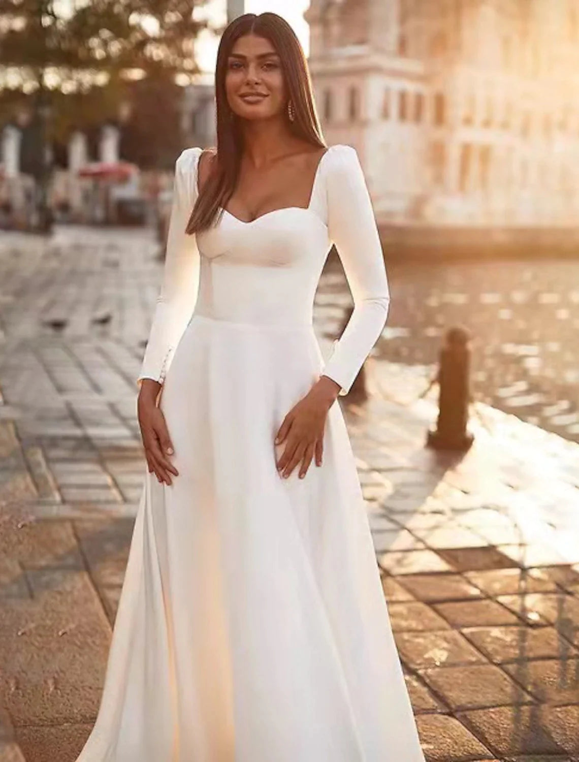 Reception Royal Style Casual Wedding Dresses A-Line Sweetheart Long Sleeve Sweep / Brush Train Satin Bridal Gowns With Solid Color