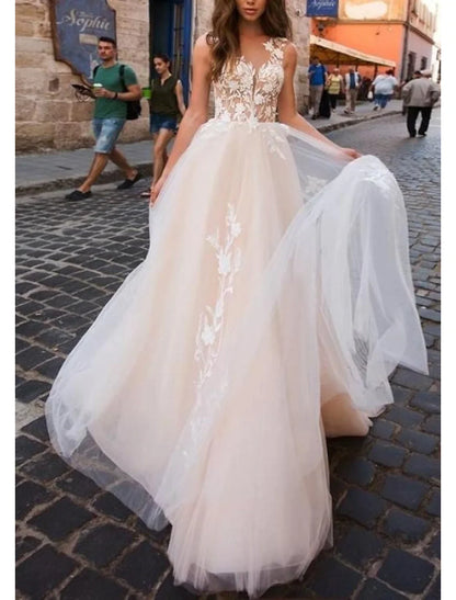 Beach Open Back Sexy Wedding Dresses A-Line V Neck Sleeveless Court Train Lace Bridal Gowns With Appliques Summer Fall Wedding Party