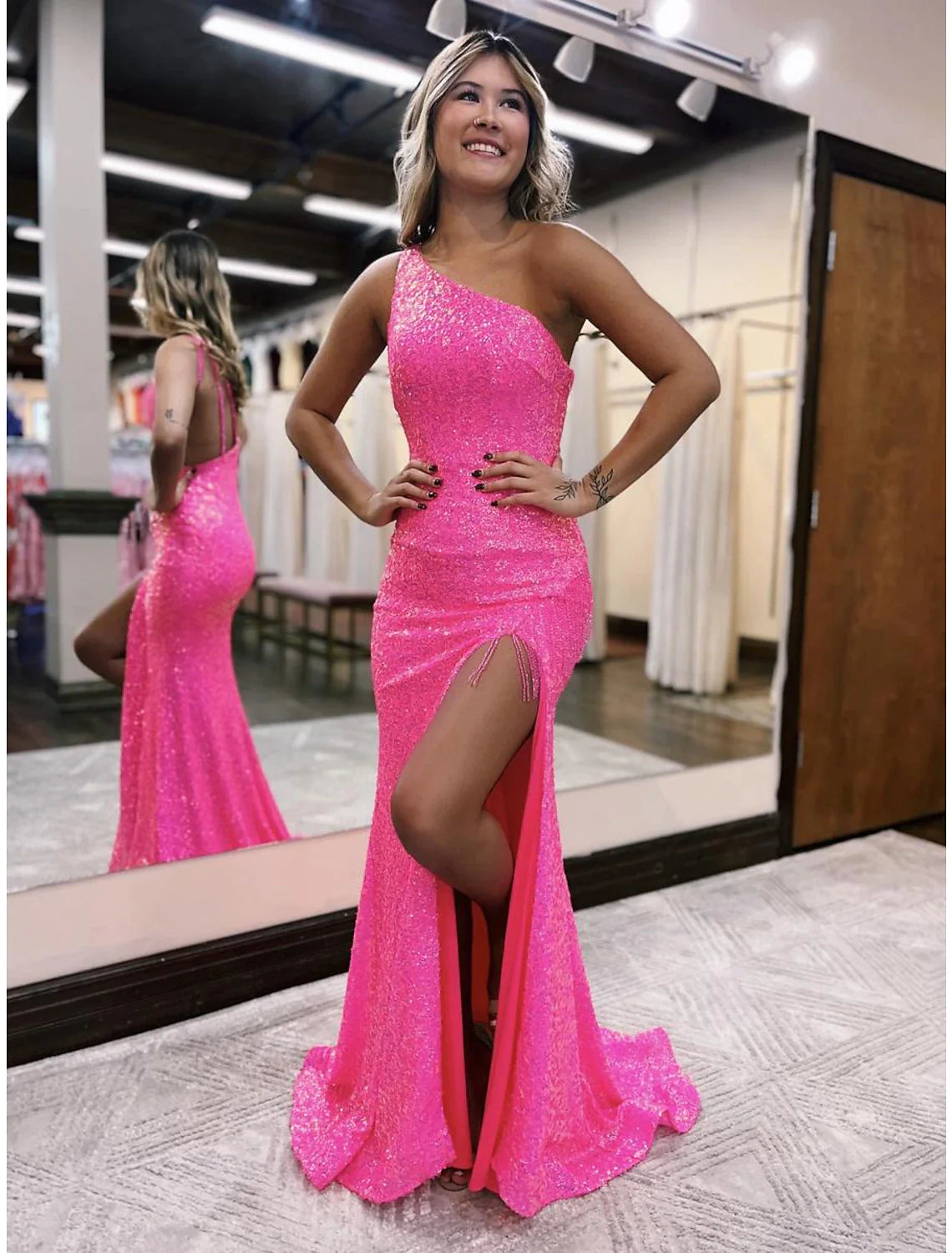 Mermaid / Trumpet Prom Dresses Sexy Dress Formal Sweep / Brush Train Sleeveless One Shoulder Sequined Backless with Sequin Slit