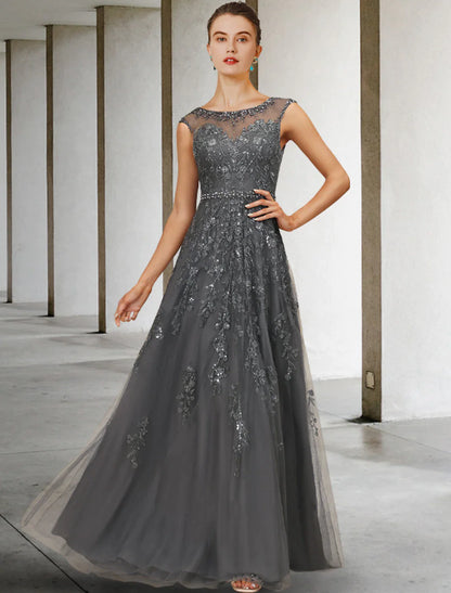 A-Line Mother of the Bride Dress Luxurious Elegant Jewel Neck Floor Length Lace Tulle Sleeveless with Sash / Ribbon Beading Sequin