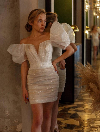 Reception Sparkle & Shine Little White Dresses Wedding Dresses Sheath / Column V Neck Short Sleeve Short / Mini Sequined Bridal Gowns With Ruched