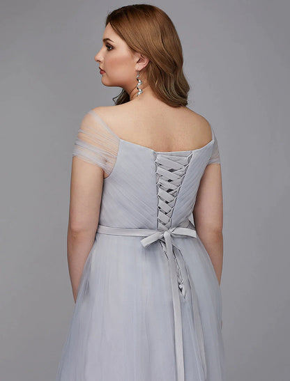 A-Line Elegant Dress Wedding Guest Tea Length Short Sleeve Off Shoulder Tulle with Sash / Ribbon Criss Cross