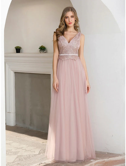 A-Line Evening Gown Elegant Dress Wedding Guest Floor Length Sleeveless V Neck Satin V Back with Sash / Ribbon Sequin
