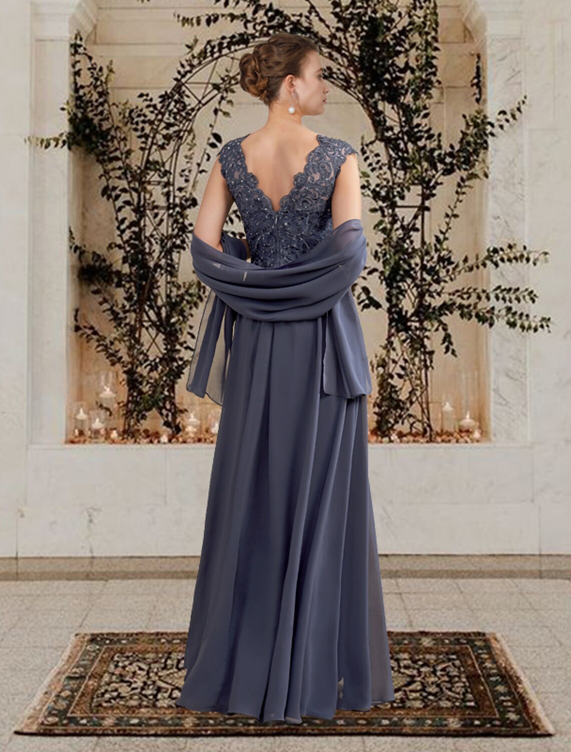 A-Line Mother of the Bride Dress Elegant V Neck Floor Length Chiffon Lace Sleeveless Shawls with Pleats Sequin Crystal Brooch