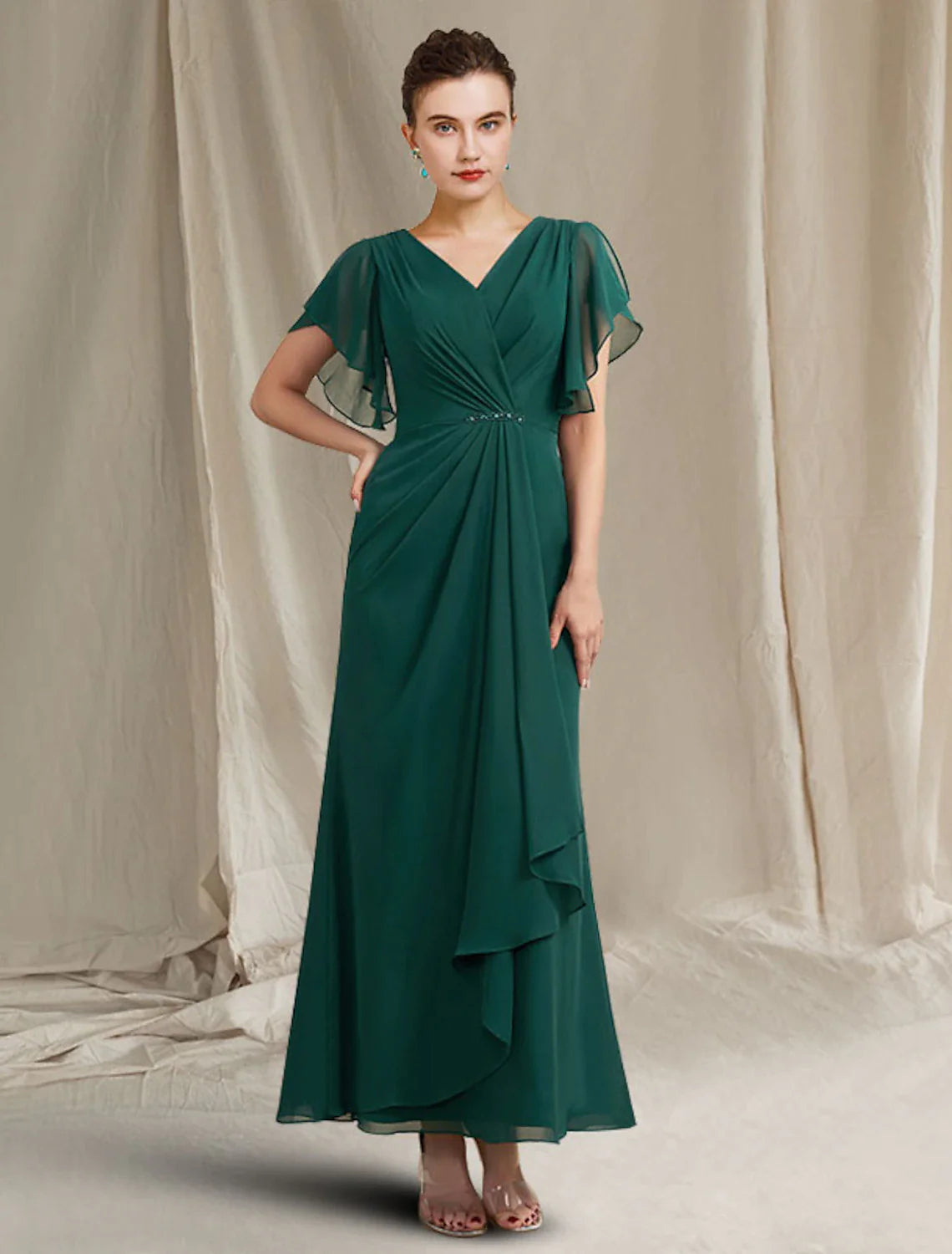 A-Line Mother of the Bride Dress Plus Size Elegant Jewel Neck Ankle Length Chiffon Short Sleeve with Crystals Side-Draped