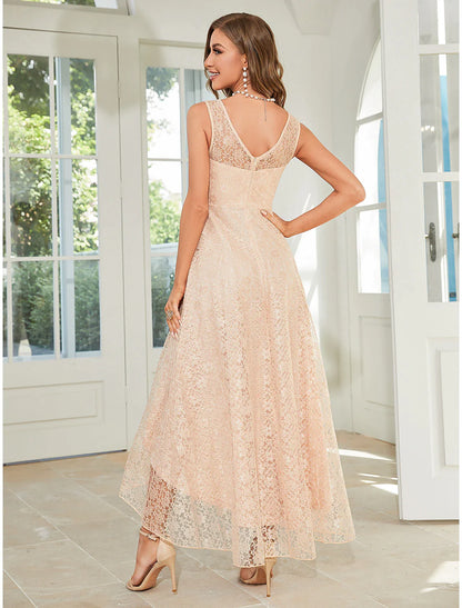 A-Line Wedding Guest Dresses Floral Dress Party Wear Asymmetrical Sleeveless Spaghetti Strap Lace with Appliques