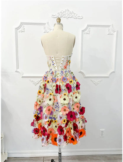 A-Line Cocktail Dresses Floral Dress Summer Knee Length Sleeveless Strapless Tulle with Appliques