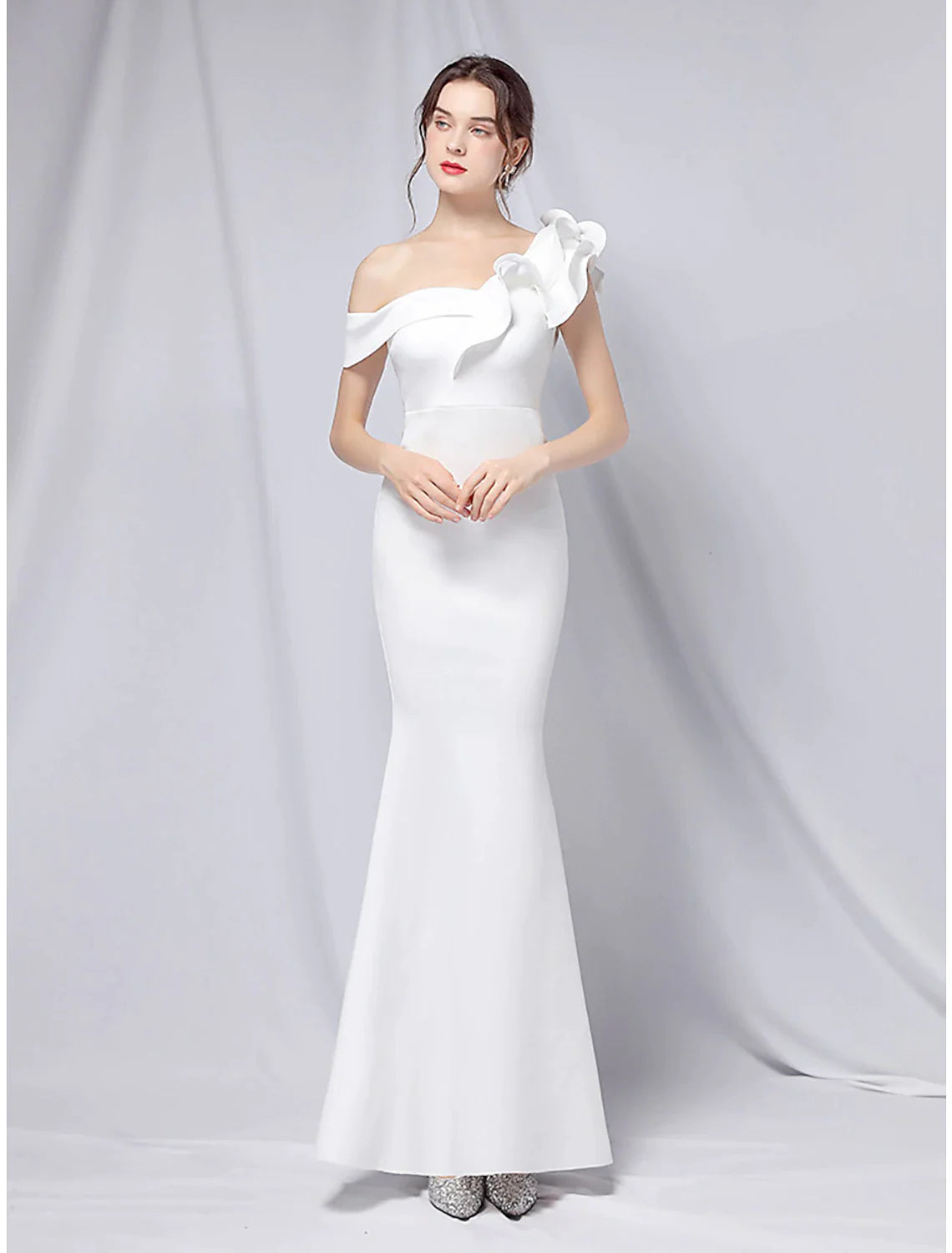 Mermaid / Trumpet Evening Gown Empire Dress Wedding Guest Floor Length Short Sleeve One Shoulder Stretch Satin with Ruffles