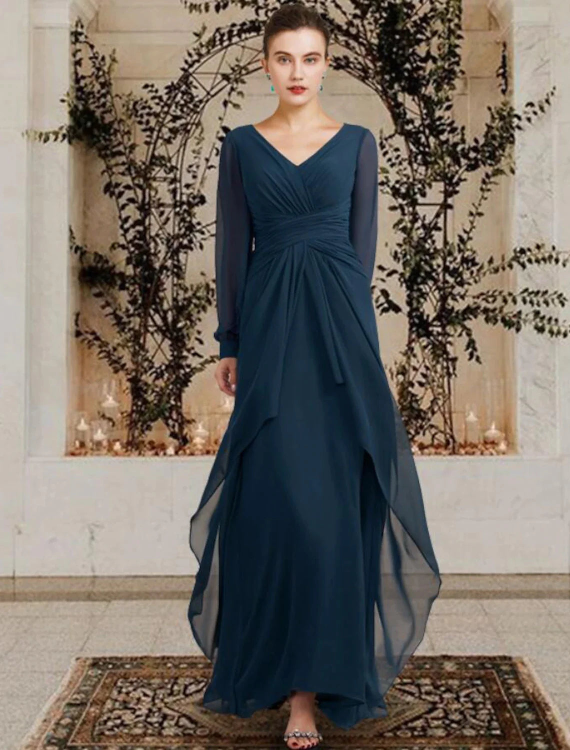A-Line Mother of the Bride Dress Plus Size Elegant V Neck Floor Length Chiffon Long Sleeve with Ruched Ruffles Side-Draped