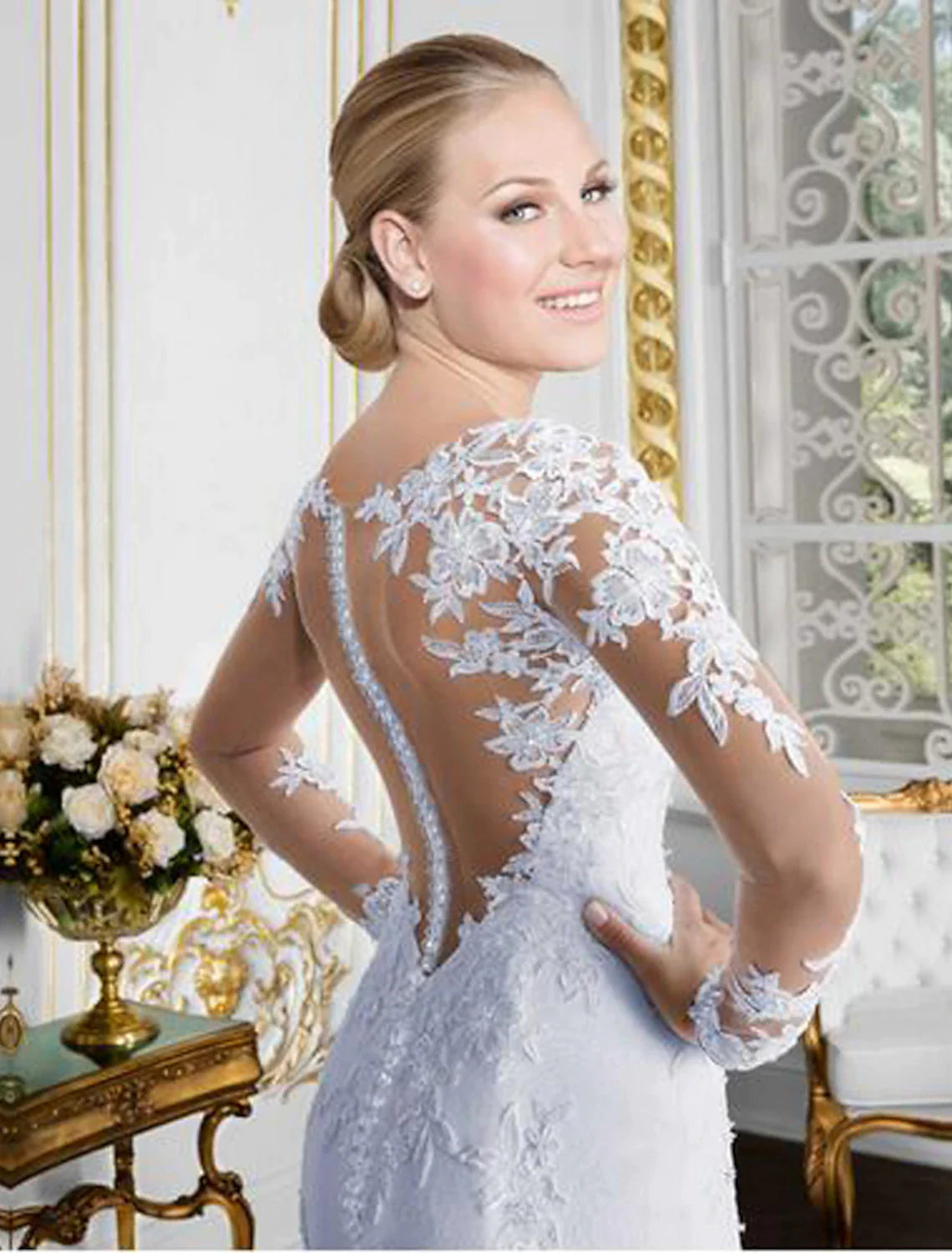 Open Back Sexy Formal Fall Wedding Dresses Mermaid / Trumpet Illusion Neck Long Sleeve Chapel Train Lace Bridal Gowns With Lace Appliques