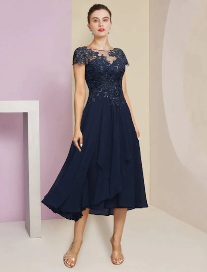 Two Piece A-Line Mother of the Bride Dress Formal Elegant Scoop Neck Tea Length Chiffon Lace Short Sleeve Wrap Included with Pleats Sequin Appliques