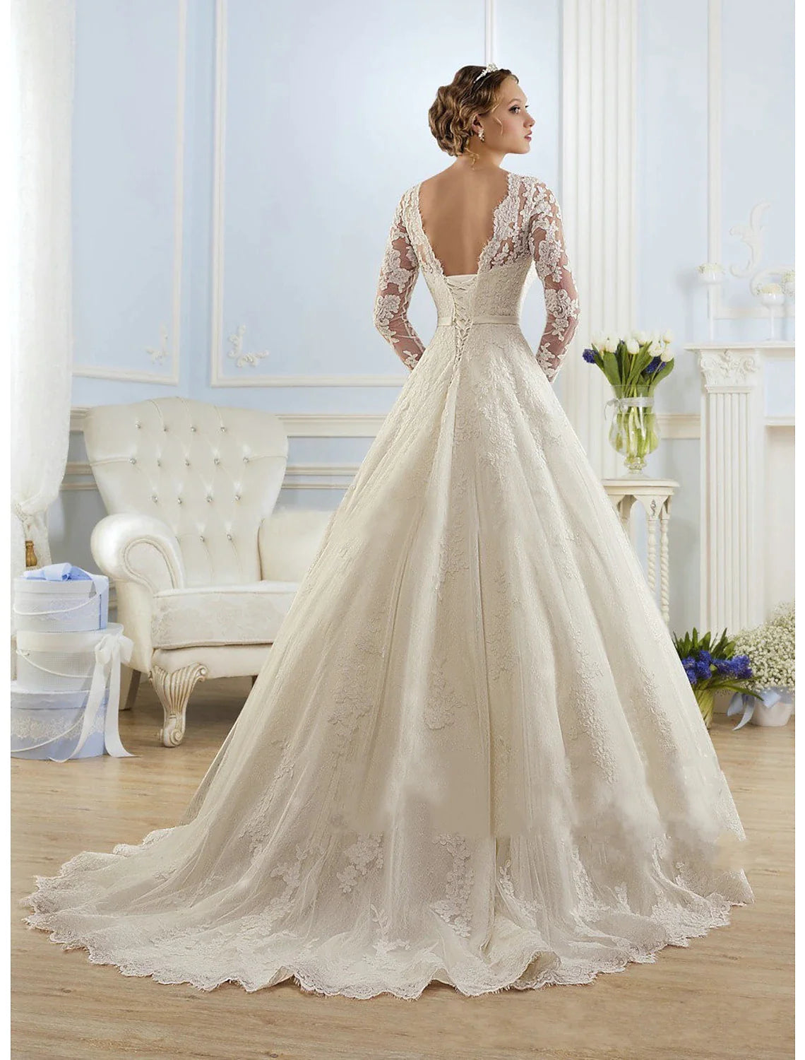 Engagement Formal Fall Wedding Dresses Ball Gown Illusion Neck Long Sleeve Court Train Lace Bridal Gowns With Appliques