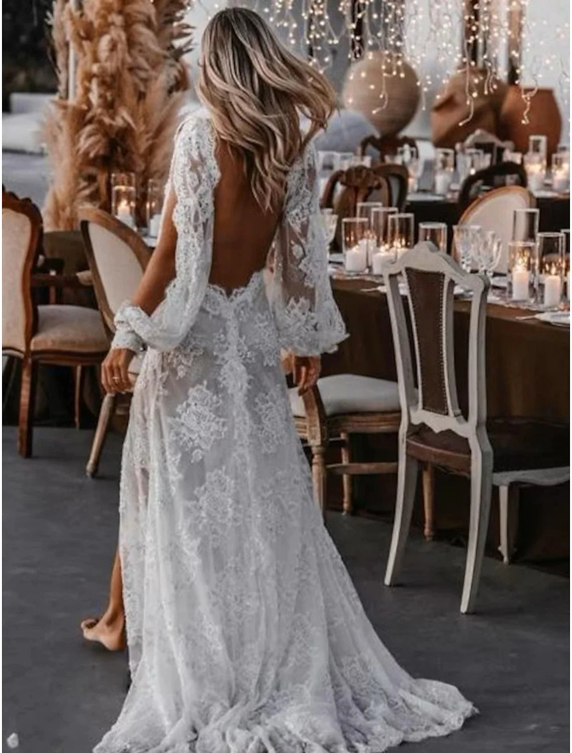 Beach Sexy Boho Wedding Dresses A-Line V Neck Long Sleeve Sweep / Brush Train Lace Bridal Gowns With Appliques Split Front Summer Fall Wedding Party