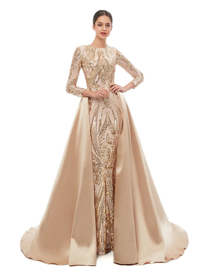 Mermaid / Trumpet Elegant Vintage Prom Formal Evening Dress Jewel Neck Long Sleeve Detachable Sequined with Sequin
