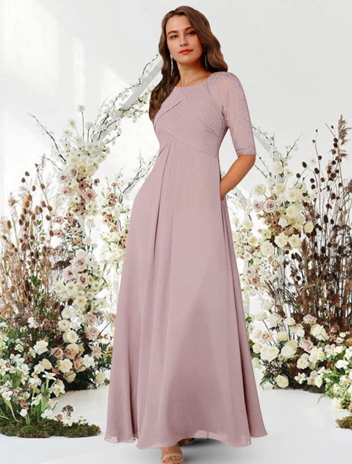 A-Line Evening Gown Elegant Dress Wedding Guest Floor Length Half Sleeve Jewel Neck Chiffon with Pleats Ruched