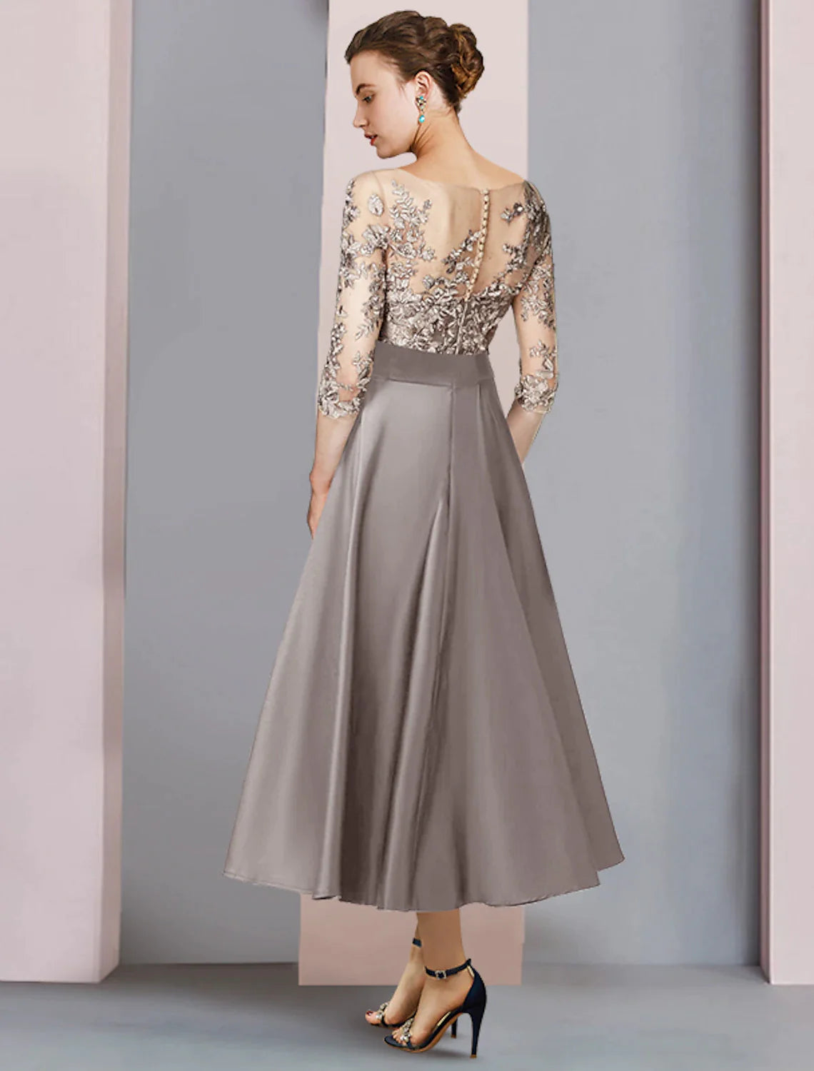 A-Line Mother of the Bride Dress Wedding Guest Party Elegant Scoop Neck Tea Length Satin Lace Half Sleeve with Bow(s) Appliques