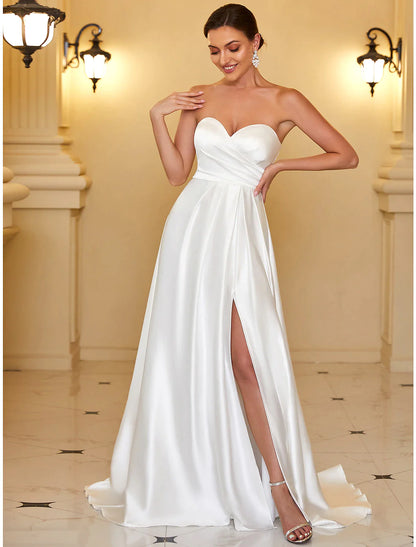 A-Line Evening Gown Minimalist Dress Wedding Guest Floor Length Sleeveless Strapless Satin Backless with Sleek Pure Color
