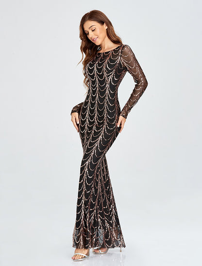 Mermaid / Trumpet Sparkle Elegant Party Wear Formal Evening Dress Jewel Neck Long Sleeve Floor Length Sequined with Sequin