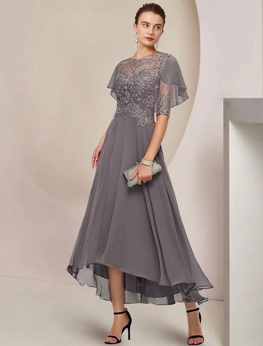 A-Line Mother of the Bride Dress Formal Wedding Guest Elegant Scoop Neck Asymmetrical Tea Length Chiffon Lace Half Sleeve with Beading Appliques