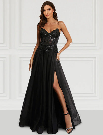 A-Line Prom Dresses Black Dress Party Wear Floor Length Sleeveless Spaghetti Strap Tulle with Glitter Slit