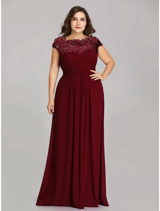 A-Line Mother of the Bride Dress Plus Size Jewel Neck Floor Length Chiffon Short Sleeve with Lace Ruching