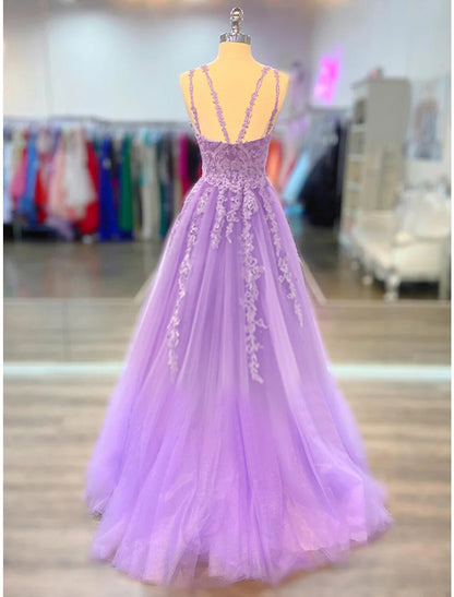 A-Line Prom Dresses Maxi Dress Formal Court Train Sleeveless Spaghetti Strap Stretch Chiffon with Appliques Shouder Flower
