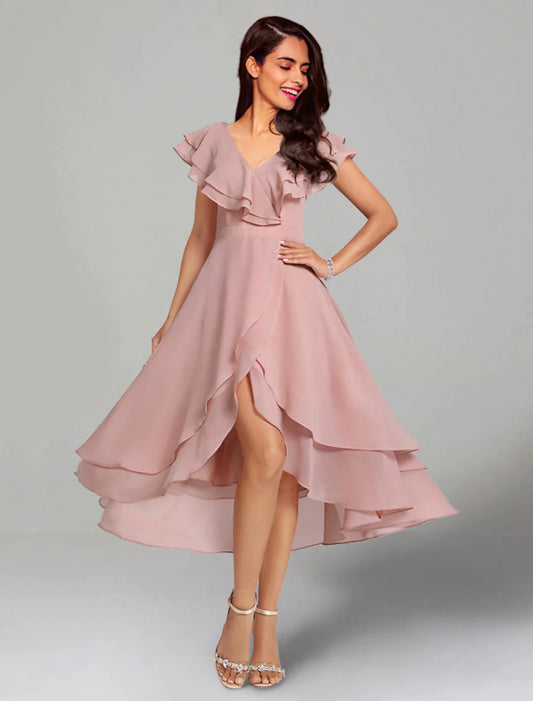 A-Line Wedding Guest Dresses Elegant Dress Cocktail Party Tea Length Short Sleeve V Neck Chiffon with Slit