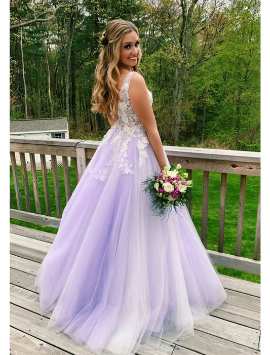 Ball Gown A-Line Prom Dresses Color Block Dress Formal Floor Length Sleeveless V Neck Tulle Backless V Back with Beading Appliques