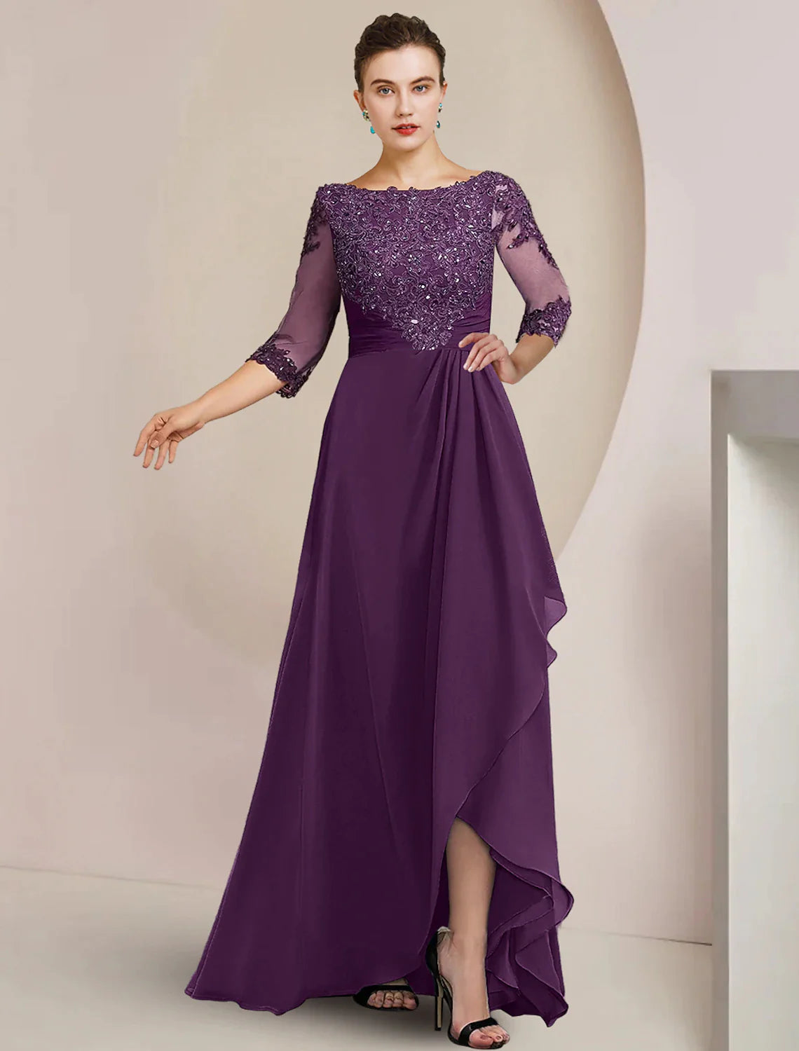 A-Line Mother of the Bride Dress Formal Wedding Guest Elegant High Low Scoop Neck Asymmetrical Floor Length Chiffon Lace 3/4 Length Sleeve with Beading Sequin Appliques