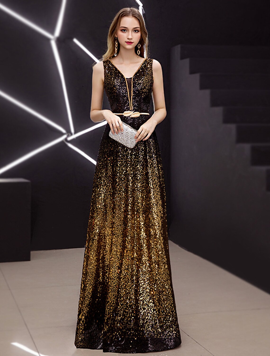 A-Line Minimalist Elegant Party Wear Formal Evening Dress V Neck Sleeveless Floor Length Satin with Sequin