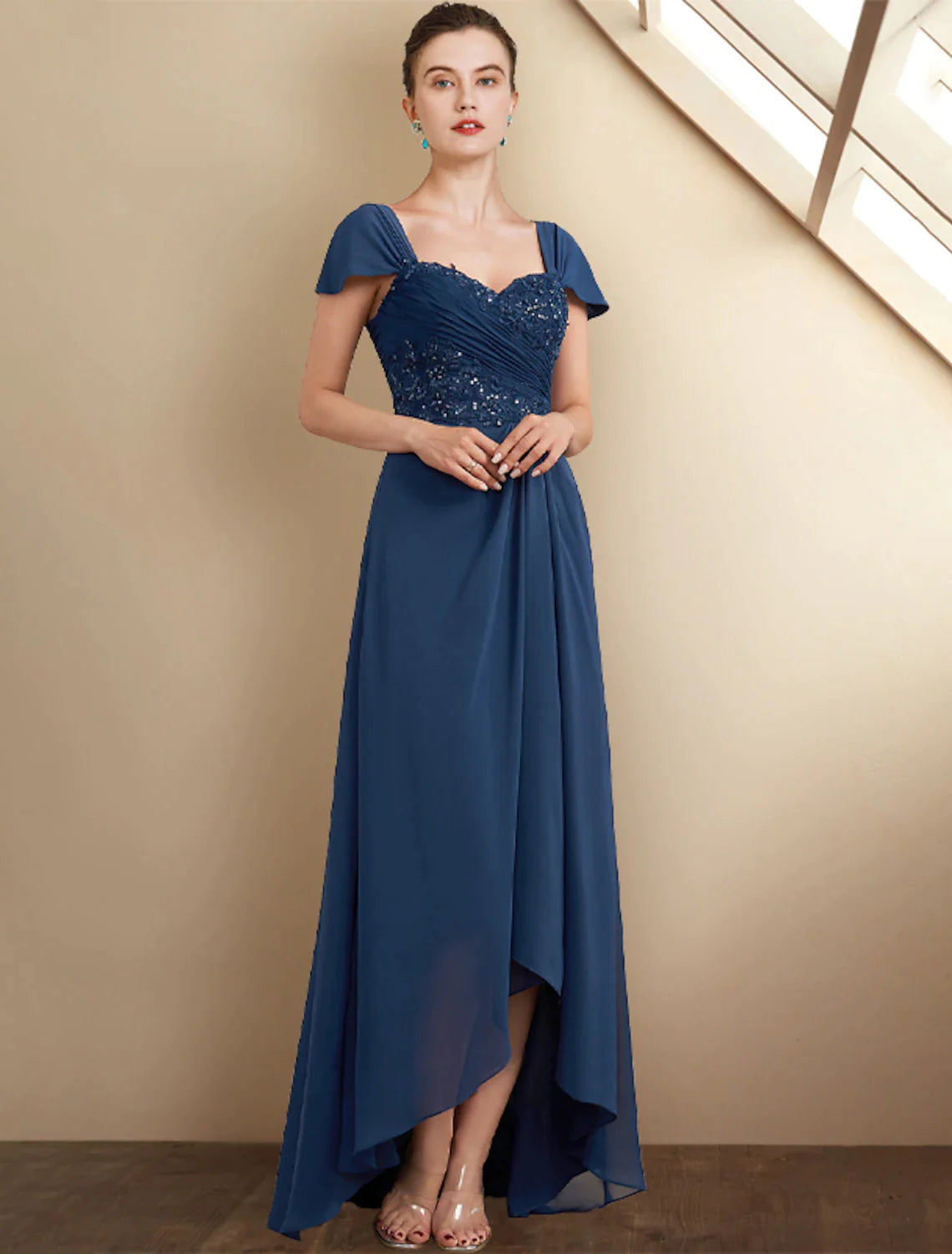 A-Line Mother of the Bride Dress Elegant High Low Square Neck Asymmetrical Tea Length Chiffon Lace Cap Sleeve Wrap Included with Sequin Appliques Side-Draped