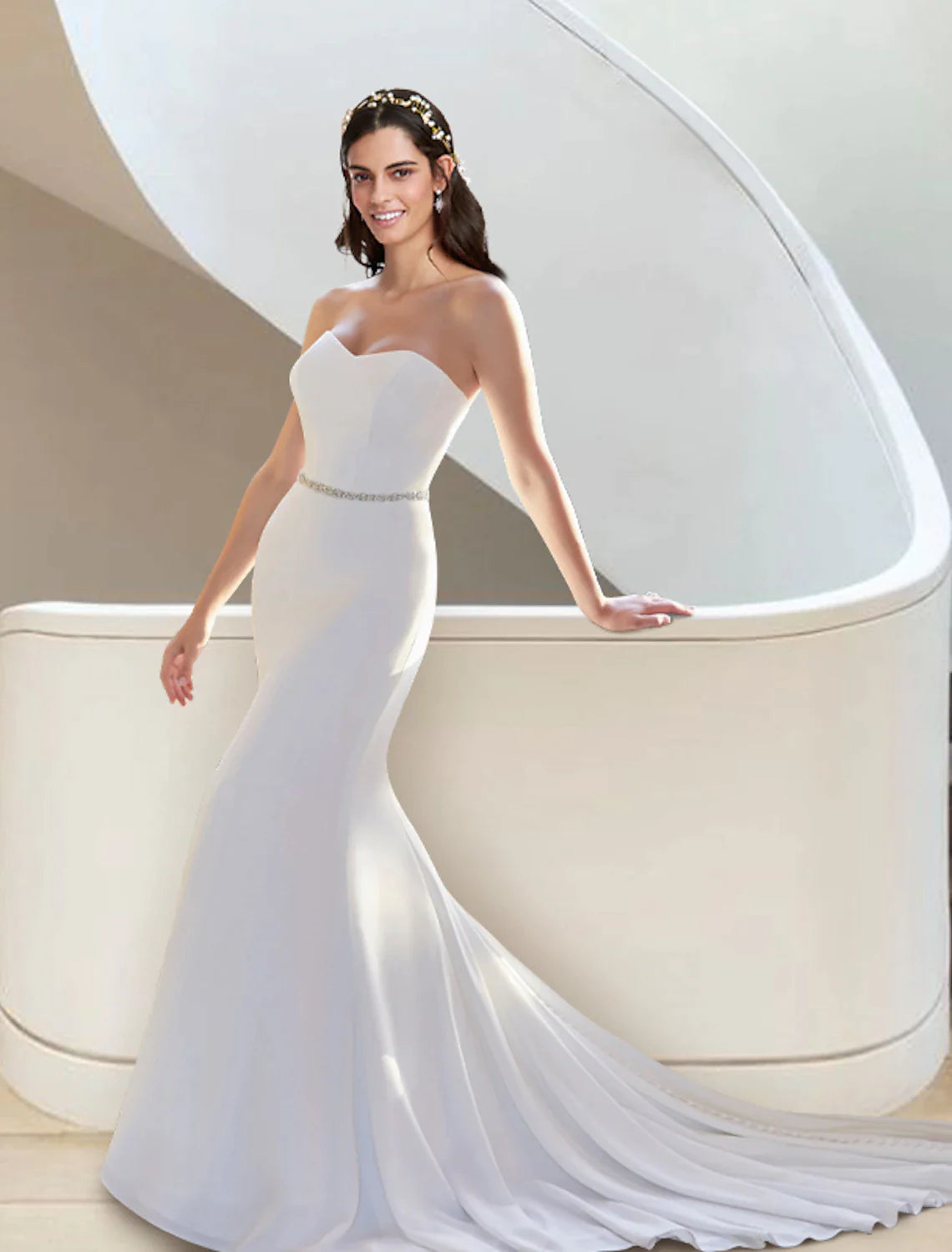 Formal Fall Wedding Dresses Two Piece Sweetheart Strapless Court Train Stretch Fabric Bridal Gowns With Sashes / Ribbons