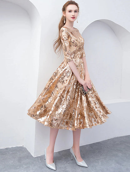A-Line Cocktail Dresses Party Dress Holiday Tea Length Half Sleeve Jewel Neck Sequined with