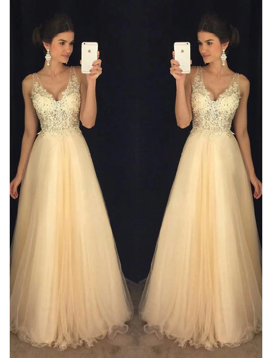 A-Line Prom Dresses Sparkle & Shine Dress Formal Floor Length Sleeveless V Neck Tulle V Back with Beading Appliques