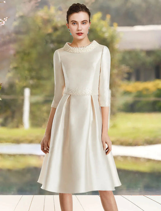 A-Line Mother of the Bride Dress Wedding Guest Elegant Jewel Neck Knee Length Satin Half Sleeve with Beading