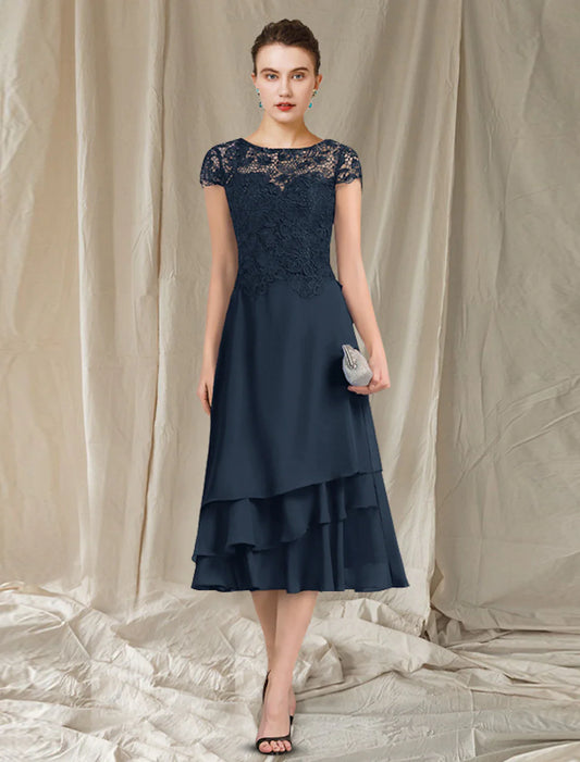 A-Line Mother of the Bride Dress Elegant Jewel Neck Tea Length Chiffon Lace Short Sleeve with Ruffles