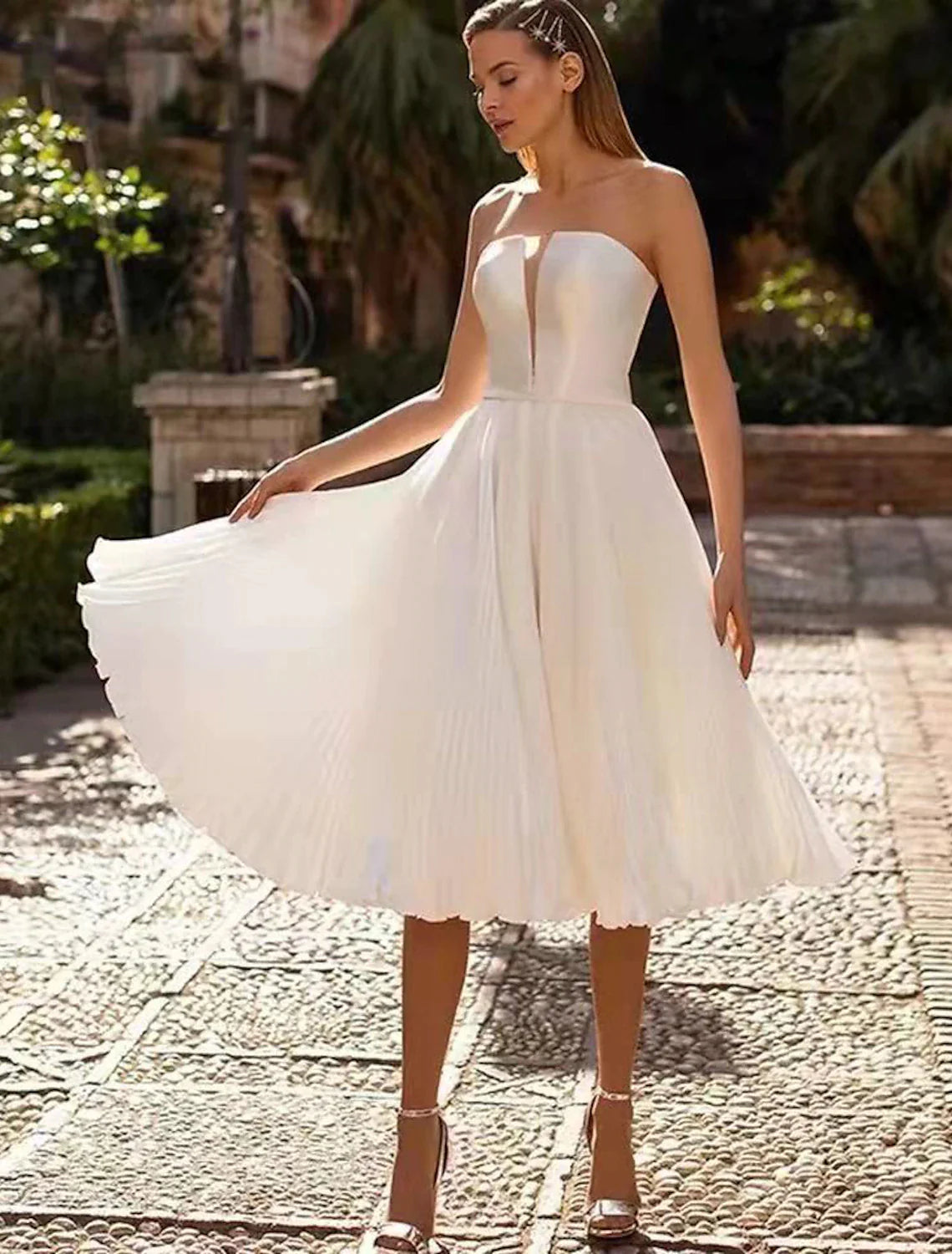 Reception Little White Dresses Wedding Dresses A-Line Sweetheart Strapless Tea Length Satin Bridal Gowns With Sash / Ribbon